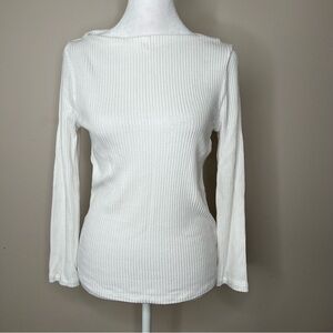 J. Crew Women's White Ribbed Long Sleeve Boat Neck Knit Top